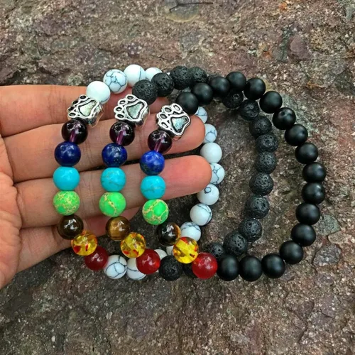 Vista 5 de 7 Chakra Natural Stone Paw Print Bracelet - Elastic Bracelets for Women, Pet Bracelet with Lava Rock Mala Beads - Dog Puppy Cat Animal