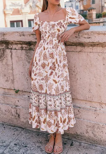 Vista 8 de ZESICA - Vestido de verano largo para mujer, diseño acampanado con cuello cuadrado y volantes, estampado floral y bohemio, para la playa