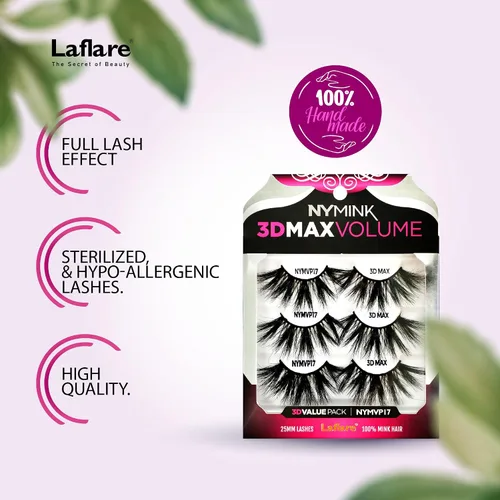 Vista 4 de Laflare 3D NY MAX VOLUME - Estilos dramáticos de 0.787-0.984 in de largo, pestañas de pelo de visón 100% real, maquillaje de lujo, natural, ligero