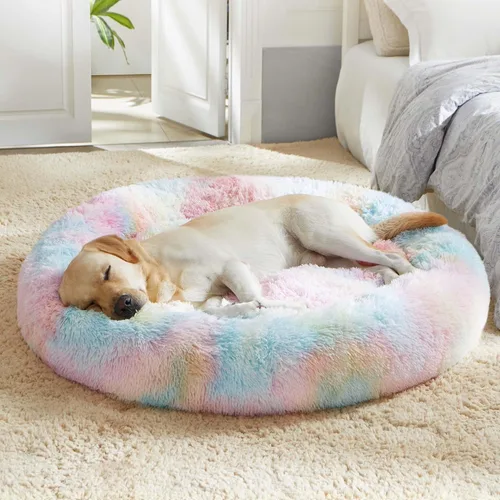 Vista 39 de Cama calmante para perros y gatos, cama antiansiedad, de felpa, con forma de dona, redonda, acolchada, de piel sintética, suave y esponjosa