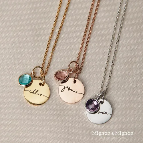 Vista 5 de MignonandMignon Birthstone Name Necklace Personalized Jewelry for Women Neckace Gifts for Mom Gold Plated Pendant Charm, Custom Jewelry Grandma Gift