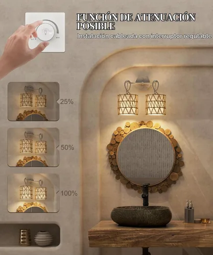 Vista 7 de N12-3 Aplique de pared de ratán bohemio de dos luces, accesorios de tocador para espejo, pantalla tejida en cruz y lámpara de pared cableada