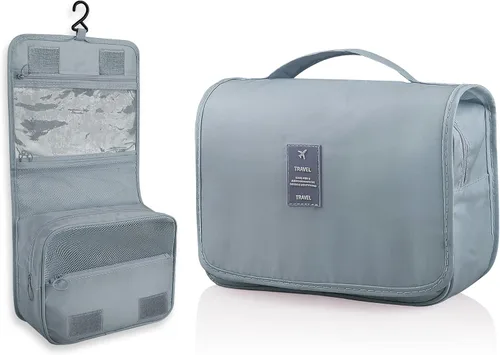 Vista 8 de Neceser colgante, organizador de viaje de gran capacidad para artículos de tocador, tela Oxford impermeable, bolsa de cosméticos de viaje con gancho