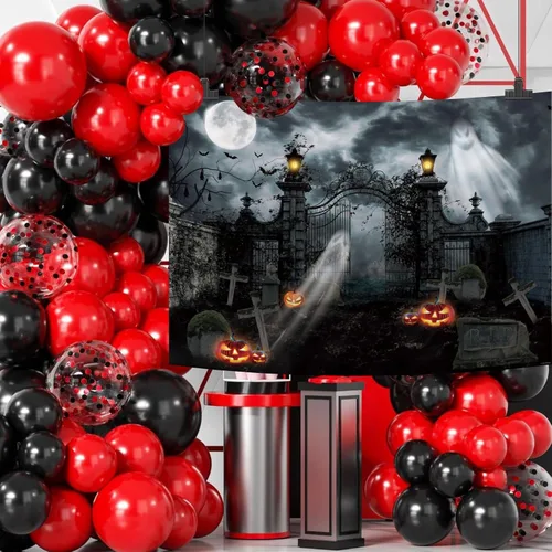 Vista 2 de MEHOFOND Fondo de fotografía de cementerio embrujado de Halloween de 7 x 5 pies, linterna gótica de fantasma, terror espeluznante, puerta
