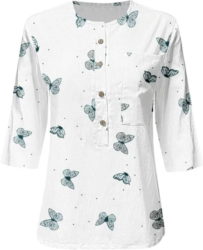 Vista 3 de Camiseta de media manga para mujer con estampado de lino y algodón casual CD141
