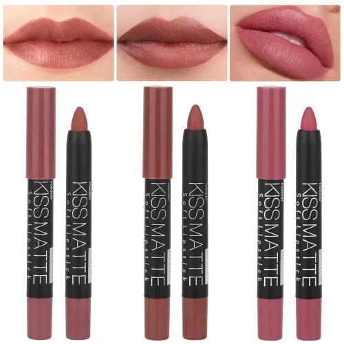 Vista 22 de evpct 3 piezas de lápiz crayón delineador de labios mate metálico rosa natural ligera y lápiz labial Set de larga duración impermeable que coincide