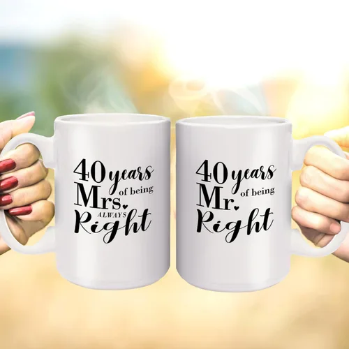 Vista 5 de Canopy Street Juego de tazas de 40 aniversario / 40 Years Mr. And Mrs. Always Right Tazas de café / Tazas de aniversario de 15 onzas/divertido