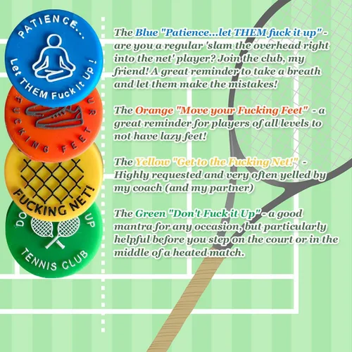 Vista 3 de Amortiguador de vibraciones de raqueta de tenis con recordatorio picante y agresivo (paquete de 4), amortiguador de raquetas de palabras divertidas