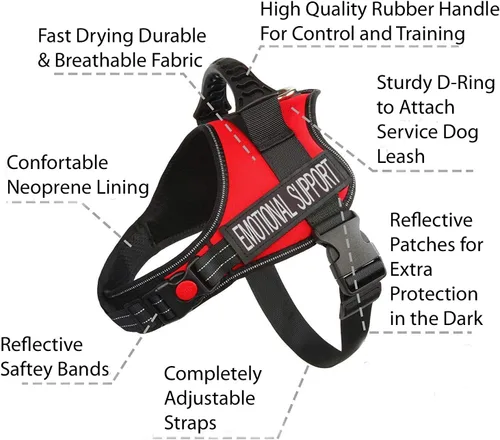 Vista 2 de Just 4 Paws Chaqueta de arnés para perro de apoyo emocional con asa acolchada, 6 tamaños, correas ajustables y 2 parches reflectantes extraíbles Rojo