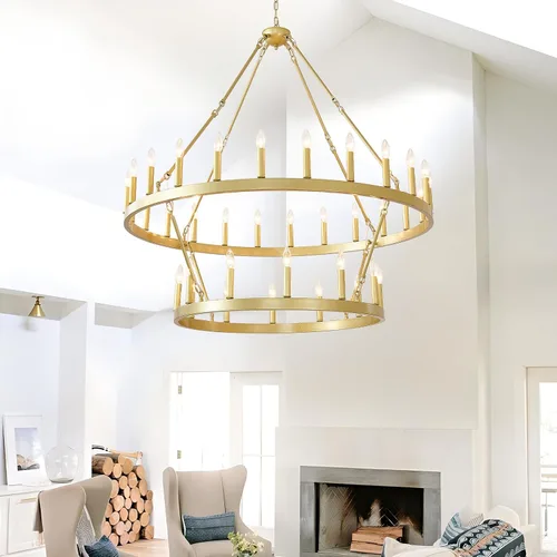 Vista 5 de EGM Candelabro dorado de 48 pulgadas con rueda de carro de 2 niveles, 36 luces grandes de color dorado cepillado estilo granja, lámparas de techo