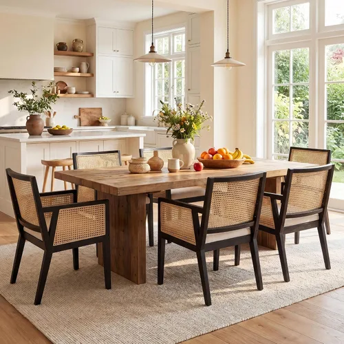 Vista 15 de HNY Juego de 2 sillas de comedor de ratán estilo granja, marco de madera maciza negra, asiento tapizado de lino, sillas de comedor ergonómicas
