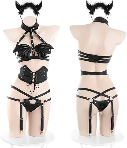 Vista 6 de SINROYEE Disfraces sexy de diablo para mujer, lencería japonesa kawaii anime, bikini lindo juego de rol, traje de Lolita travieso