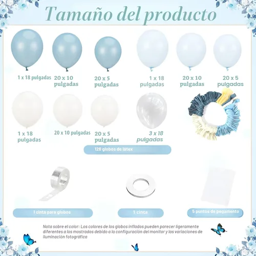 Vista 4 de Kit de arco de globos azul empolvado, 126 piezas, kit de guirnalda de arco de globos azul claro y blanco, incluye globos de macarón para bodas