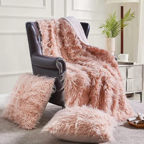 Vista 9 de Manta de pelo sintético mongol de pelo largo de 50 x 60 pulgadas con dos fundas de almohada de 20 x 20 pulgadas (sin rellenos), juego de 3 piezas