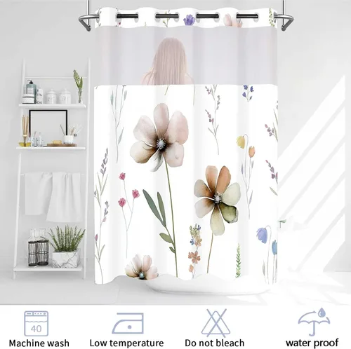 Vista 6 de Cortina de ducha sin gancho con juego de forro a presión, cortinas de ducha modernas de tela con flores color teja para decoración de baño de hotel