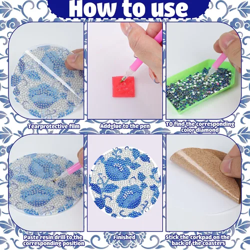Vista 3 de Juego de posavasos con diseño de diamantes de flores azules, posavasos de diamante acrílico 5D con base de corcho y soporte para adultos, 8
