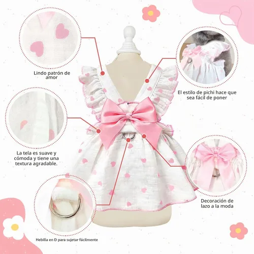 Vista 4 de Vestidos para perros pequeños, hembra, perro, gato, vestido lindo de algodón extra de verano, decoración de lazo, traje de cumpleaños, ropa de Rosa