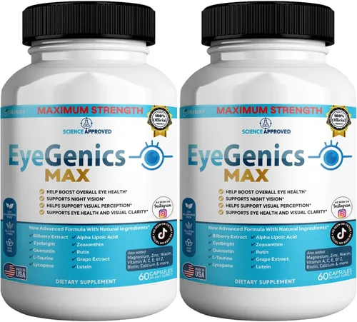 Vista 7 de EyeGenics Max Vision Support Supplement, 60 cápsulas, fórmula de salud ocular de máxima fuerza con luteína, extracto de arándano, vitaminas (1)