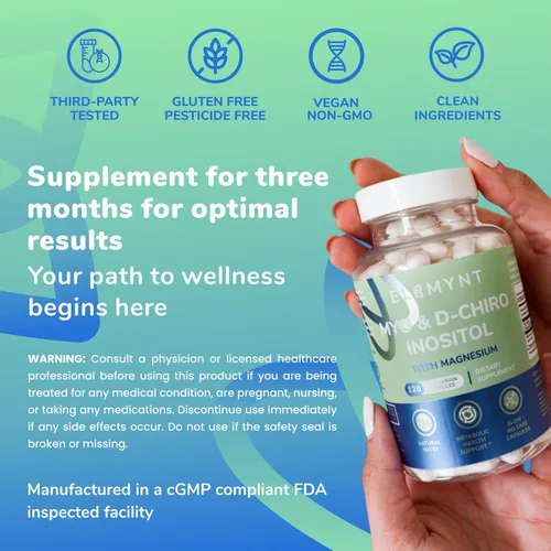 Vista 4 de Suplemento de inositol, mio-inositol y D-Chiro con citrato de magnesio, proporción 40:1 apoyo hormonal y de salud reproductiva para mujeres, vegano