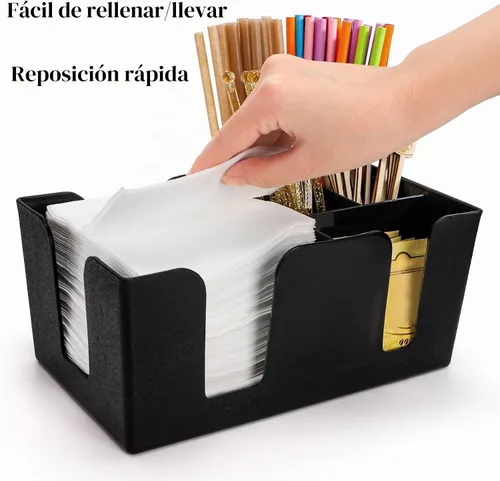 Vista 5 de Tebery Paquete de 3 barras de plástico negro con 6 compartimentos, organizador de barra recargable para servilletas, palillos de dientes, pajitas