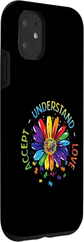 Vista 3 de Funda para iPhone 11 con diseño de flores ASD y arcoíris para concienciación sobre el autismo