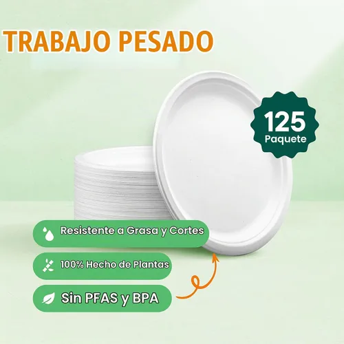 Vista 2 de Stack Man Platos de papel 100% compostables de 9 pulgadas, resistentes [paquete de 125] platos desechables ecológicos de bagazo blanco hechos