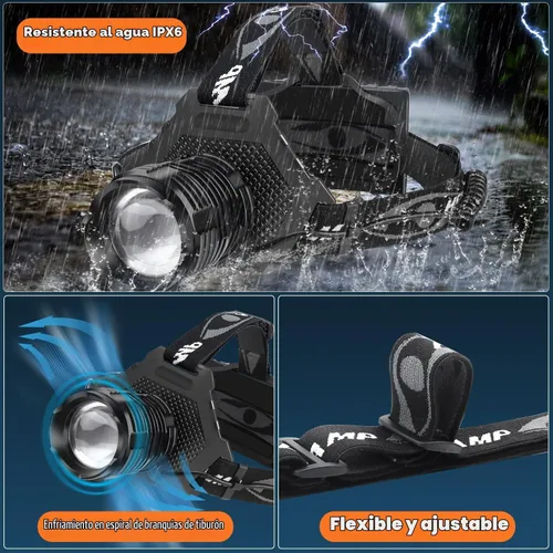 Vista 6 de Linterna de cabeza LED recargable Bud K, linterna de cabeza superbrillante mejorada de 30W, 1000 lúmenes altos con 6 modos, zoom, linterna de cabeza