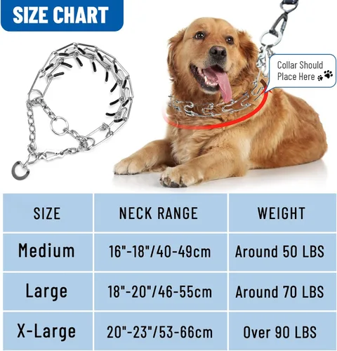 Vista 6 de Collar de punta para perro, collar de entrenamiento para perros con clip de liberación rápida, eslabones ajustables de acero inoxidable con puntas