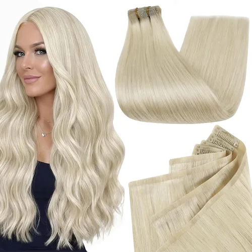 Vista 44 de Full Shine Extensiones de Cabello Rubio con Clip Reflejos Cabello Humano Extensiones con Clip Rubio Ceniza Mezcla Rubio Decolorado PU Extensiones