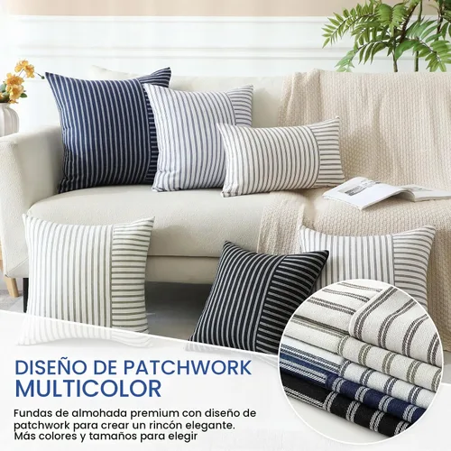 Vista 6 de OTOSTAR Paquete de 2 fundas de almohada a rayas con retazos de estilo campestre, fundas de cojín modernas para decoración del hogar, fundas