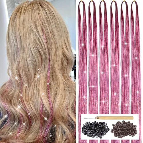 Vista 11 de Kit de oropel de cabello negro con herramienta, 6 piezas, 1200 hebras de extensiones de cabello de oropel con purpurina, resistentes al calor