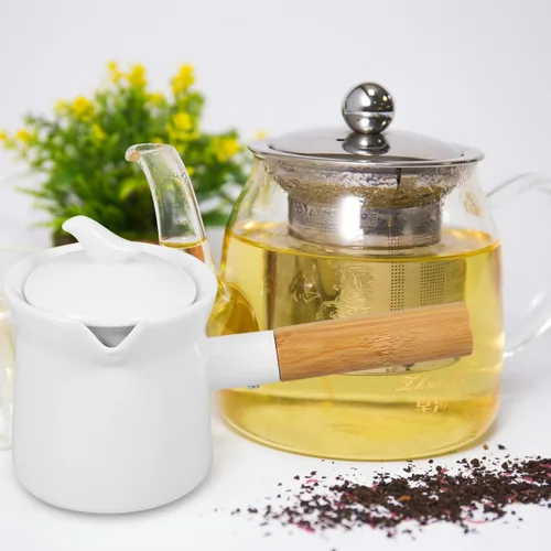 Vista 5 de Cabilock Crema de café de 11.8 fl oz de color blanco mini cafetera de cerámica con diseño de mango de madera para el hogar y la oficina
