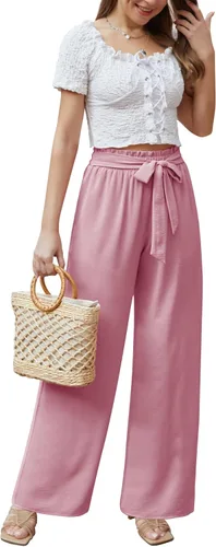 Vista 4 de Feiersi Pantalones casuales de pierna ancha para mujer, de cintura alta, para negocios, trabajo, casual, holgados, holgados, para playa, palazzo