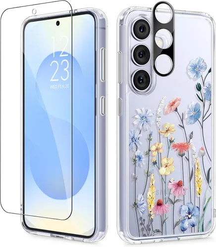 Vista 75 de GVIEWIN Funda protectora para Samsung Galaxy S25, transparente floral, delgada, a prueba de golpes, para mujer, no se pone amarilla, con protector