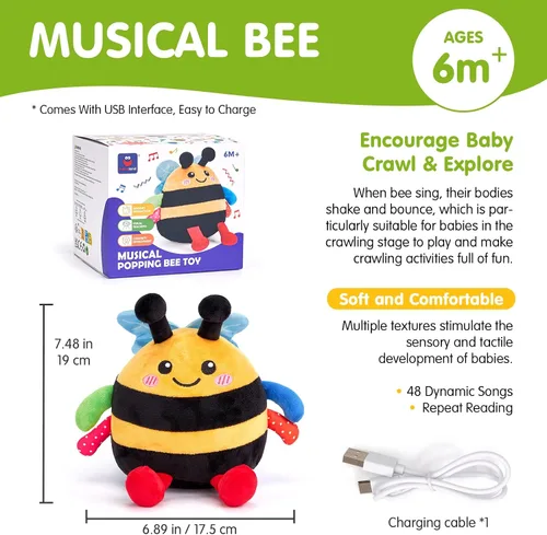 Vista 9 de hahaland - Juguete de abeja que rebota para el tiempo boca abajo, para 6 meses, juguete musical de abeja de peluche para bebés de 7, 8, 9, 10, 11