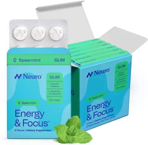 Vista 13 de Neuro Energy & Focus Gum - Goma de mascar de cafeína natural de 40 mg y suplemento energético nootrópico con L-teanina y vitaminas B, sin azúcar