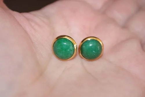 Vista 2 de CHINESE GREEN JADE ROUND DOME 12MM VINTAGE GENUINE 14K GF STUD EARRINGS