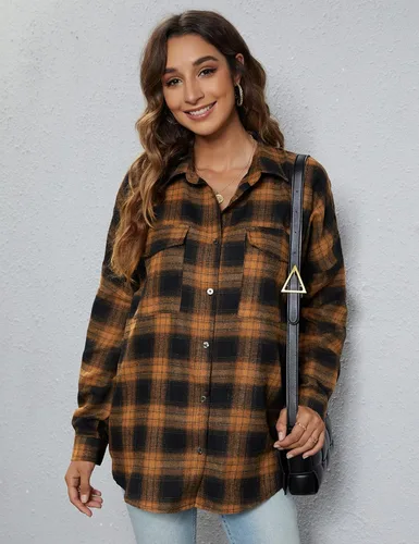 Vista 7 de Blooming Jelly - Camisas de franela con botones para mujer, de manga larga, con cuello de solapas, mezcla de chaqueta y camisa, para negocios o uso