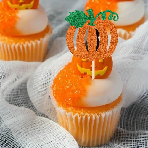 Vista 5 de 24 piezas de decoración de calabaza para cupcakes con purpurina temática de otoño, decoración de pasteles con temática de calabaza, cumpleaños