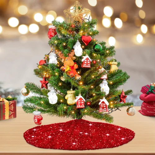 Vista 2 de MODFUNS Falda Roja para Árbol de Navidad Mini Faldas con Purpurina para Árbol de 21 Pulgadas Falda para Árbol de Navidad con Lentejuelas Tapete