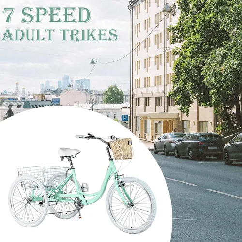 Vista 2 de Triciclos para adultos de 7 velocidades para adultos, bicicletas de 3 ruedas de 20/24/26 pulgadas con cesta delantera y trasera, triciclo