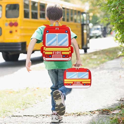 Vista 7 de Mochila para niños pequeños, preescolar, autobús, bolsa de libros 3D para jardín de infantes con lonchera aislante