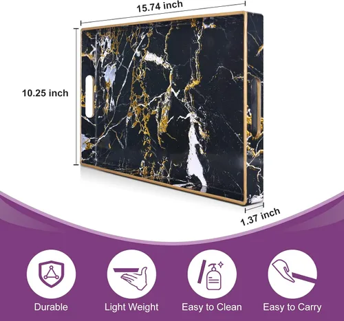 Vista 2 de Gifturbo - Bandeja de servir negra, bandejas de servir decorativas de mármol con asas, bandejas rectangulares de plástico para mesa de café otomanas