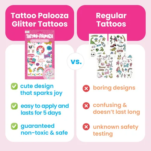 Vista 3 de Ooly 150 tatuajes temporales con purpurina para niños, tatuajes temporales seguros y no tóxicos, regalos de fiesta para niños, grandes rellenos
