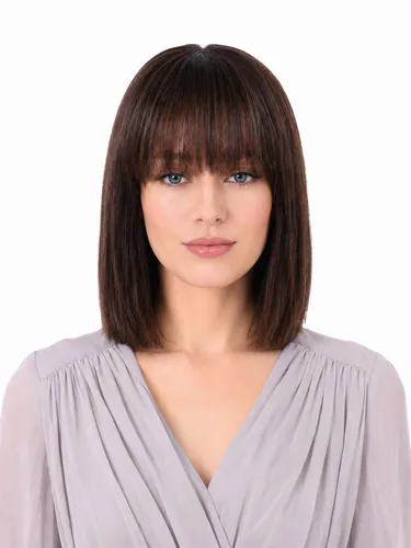 Vista 23 de Peluca de cabello humano lacio rubio 613 de 15 pulgadas con flequillo, sin pegamento, sin encaje frontal, Yaki Bob para mujer