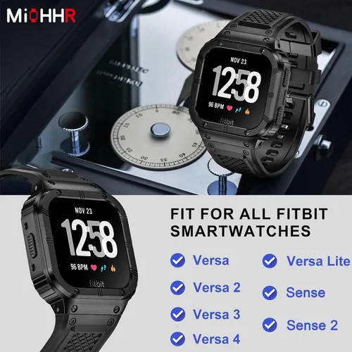 Vista 2 de MioHHR Caja y Correa de Acero Inoxidable Compatible con Correas para Fitbit Versa 4/3/2/Lite/Sense/Sense 2 con Estuche de Metal, Protector Deportivo