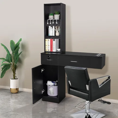 Vista 9 de OmySalon Estaciones de peluquería de montaje en pared, estaciones de salón para estilistas, juego de equipos de peinado con un gabinete de Negro