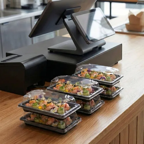 Vista 4 de Restaurantware Roku - Bandejas de sushi de 5.4 x 3 pulgadas, 100 recipientes desechables para sushi con tapas, pequeños recipientes rectangulares