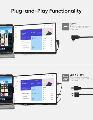 Vista 4 de Extensor de pantalla para laptop, monitor portátil externo FHD 1200P IPS de 14 pulgadas para laptop, monitor de pantalla dual Plug & Play