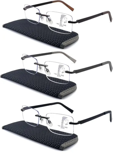 Vista 6 de Paquete de 3 lentes de lectura sin montura para hombres, con bloqueo de luz azul, bisagra de resorte, brazos de metal, resistentes y elegantes